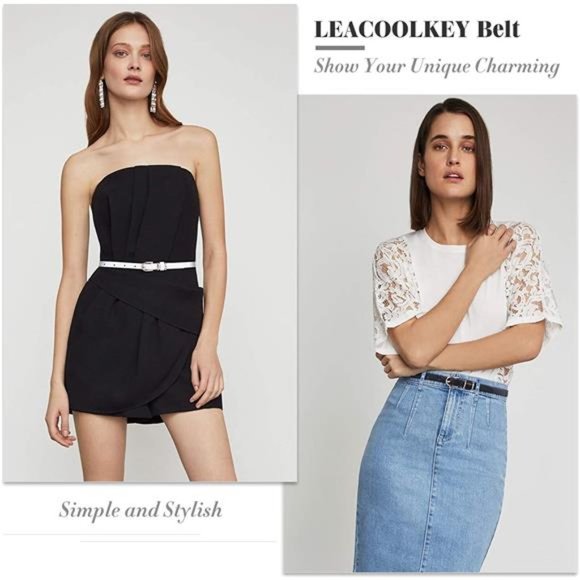 LEACOOLKEY Skinny Leather Belt for Dress for Jeans Waist Belt with Gold Buckle main image 5